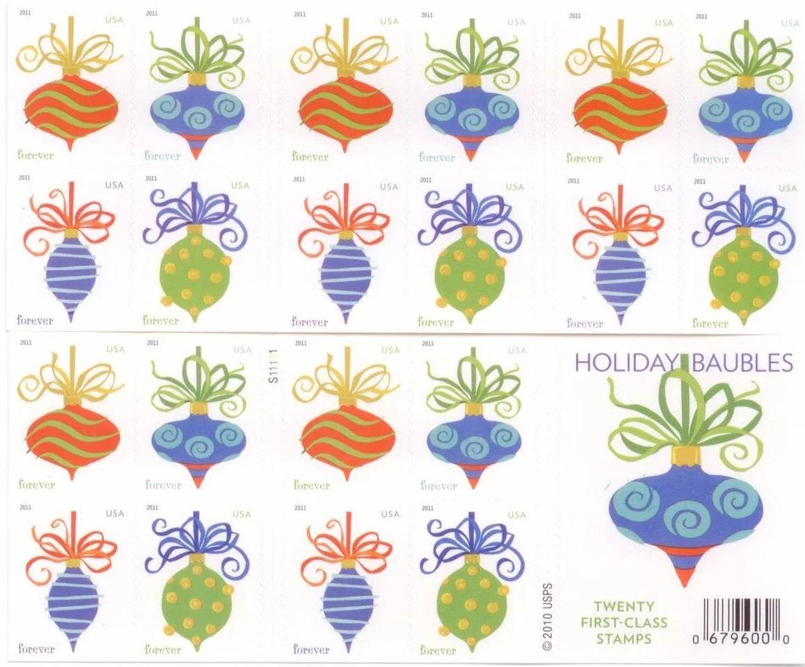 2011 US Holiday Baubles Forever Stamps Booklet of 20 1set=5Sheets Was $73.00/set - stampworldstore