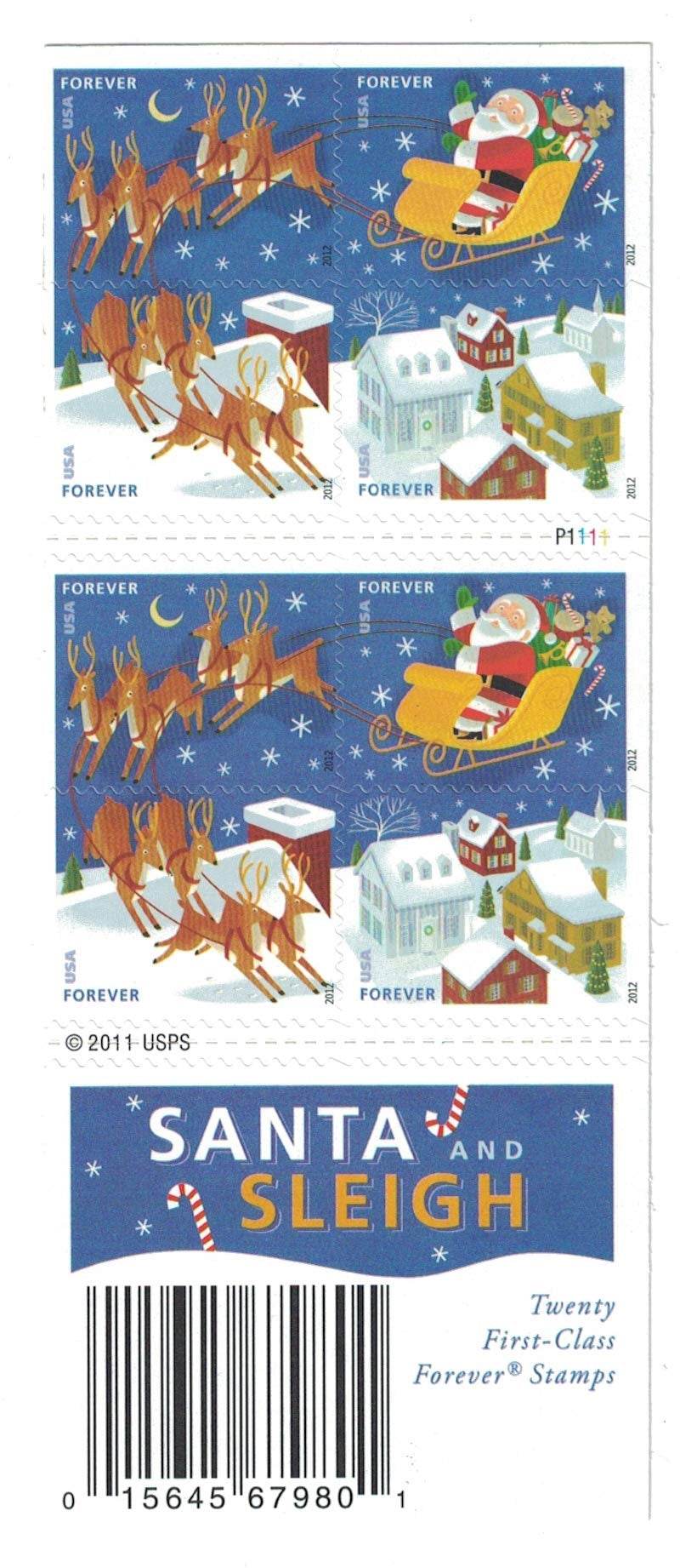 2012 US Stamp Santa & Sleigh - Booklet of 20 Forever Stamps 1set=5Sheets Was $73.00/set - stampworldstore