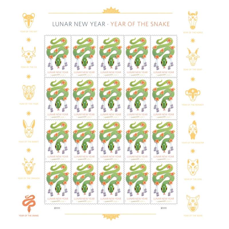 2025 Lunar New Year Year of the SnakeStamps, Sheet of 20 Forever 1set=5Sheets Was $73.00/set - stampworldstore