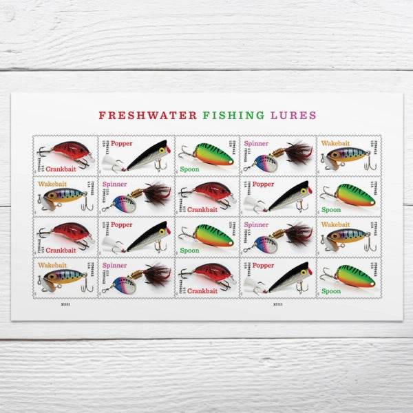 2025 Freshwater Fishing Lures Stamps Sheet of 20 1set=5Sheets Was $73.00/set - stampworldstore