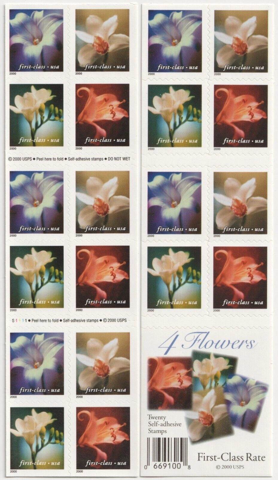 2000 US 34c Self Adhesive Four Flowers First Class Stamps 1set=5Sheets Was $73.00/set - stampworldstore