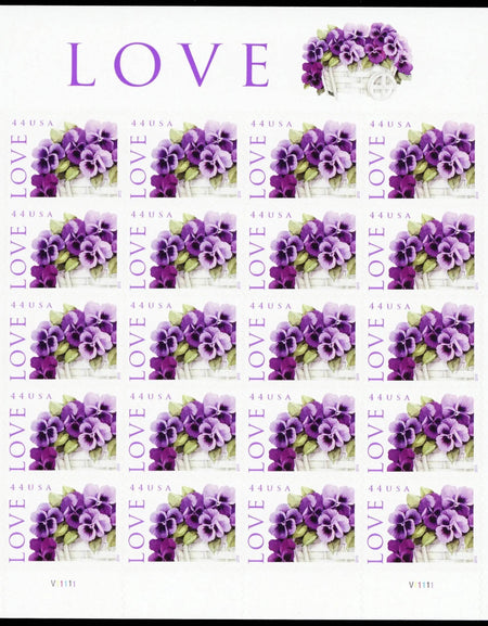 2010 LOVE: Pansies in a Basket Collectible Stamp Sheet of Twenty 44 Cent Stamps 1set=5Sheets Was $73.00/set - stampworldstore
