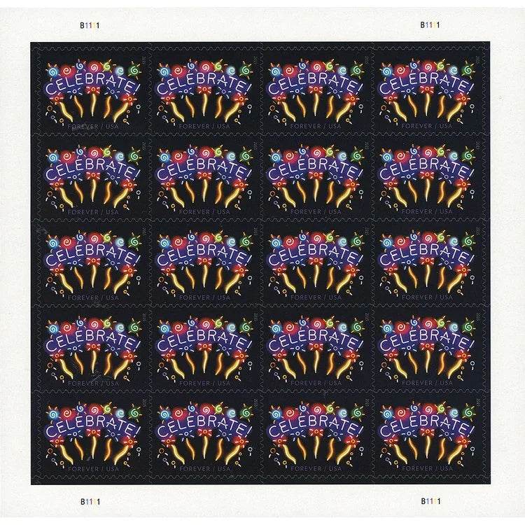 2011 USPS Neon Celebrate! Forever Stamps 1set=5Sheets Was $73.00/set - stampworldstore