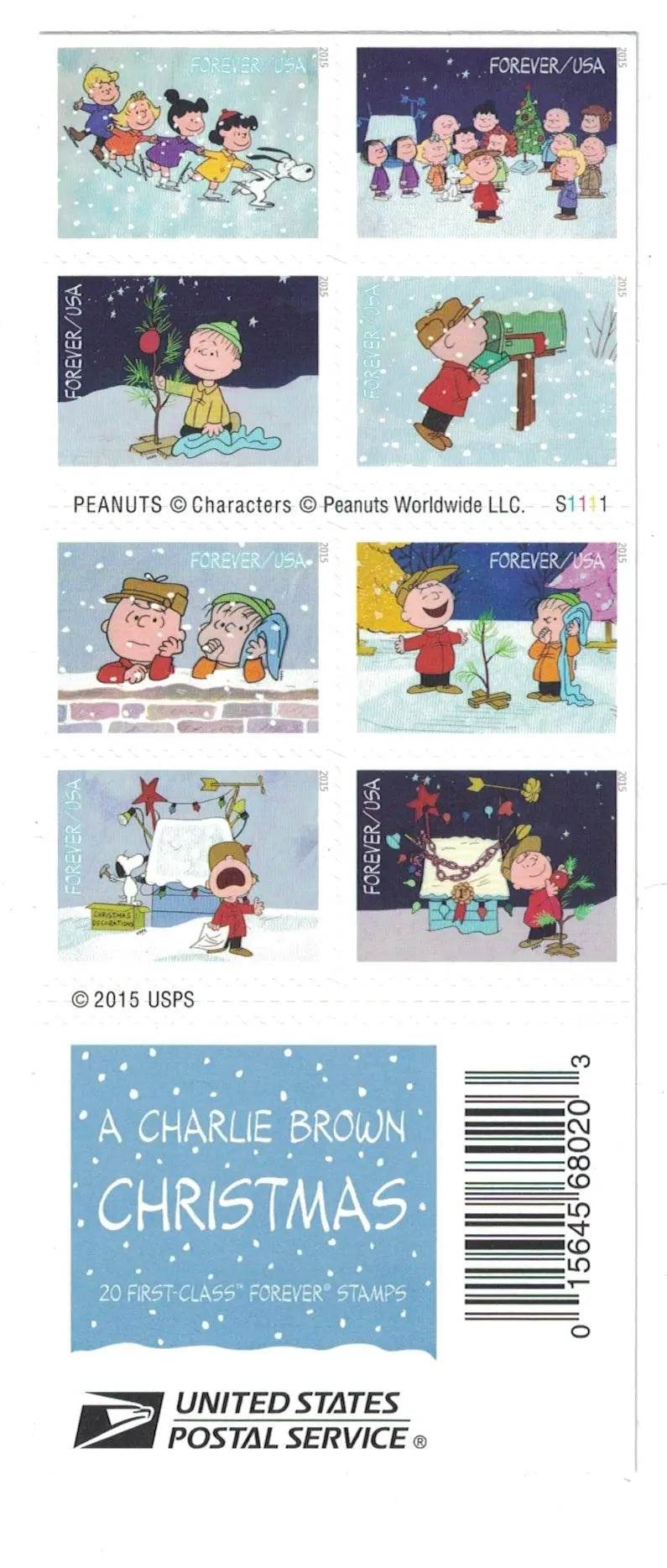 2015 USPS Charlie Brown Xmas Pane of 20 Forever Postage Stamps 1set=5Sheets Was $73.00/set - stampworldstore