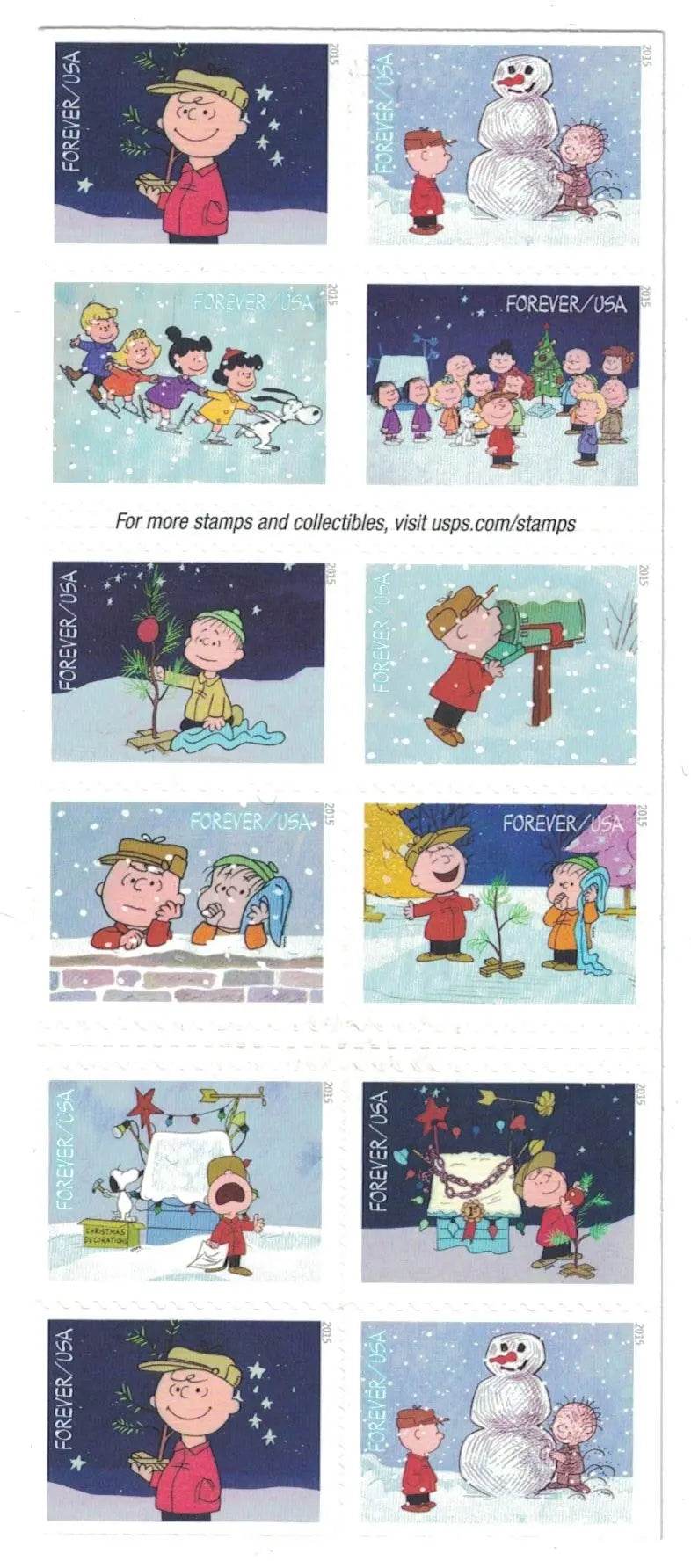 2015 USPS Charlie Brown Xmas Pane of 20 Forever Postage Stamps 1set=5Sheets Was $73.00/set - stampworldstore