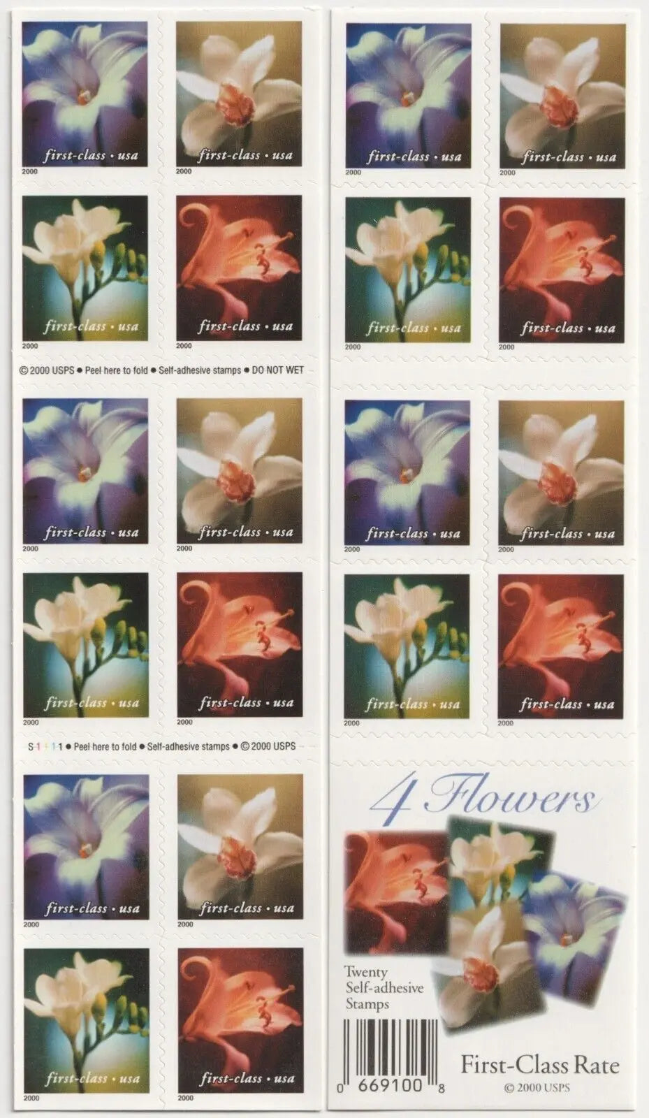2000 US 34c Self Adhesive Four Flowers First Class Stamps 1set=5Sheets  Was $73.00/set
