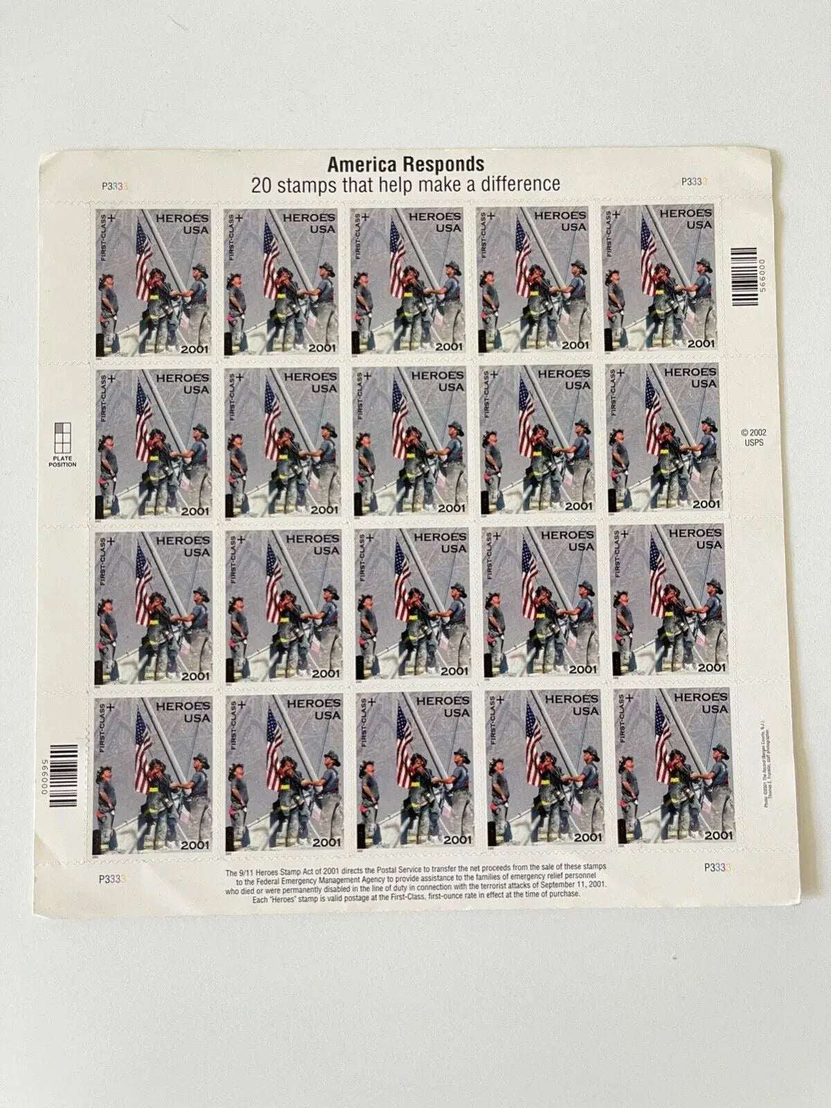 2001 US America Responds 9-11 Heroes Postage Stamps 1set=5Sheets  Was $73.00/set