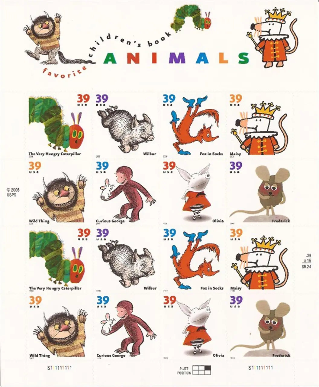 2005 U.S. Children’s Book Animals 16-Stamp Sheet 1set=5Sheets  Was $73.00/set