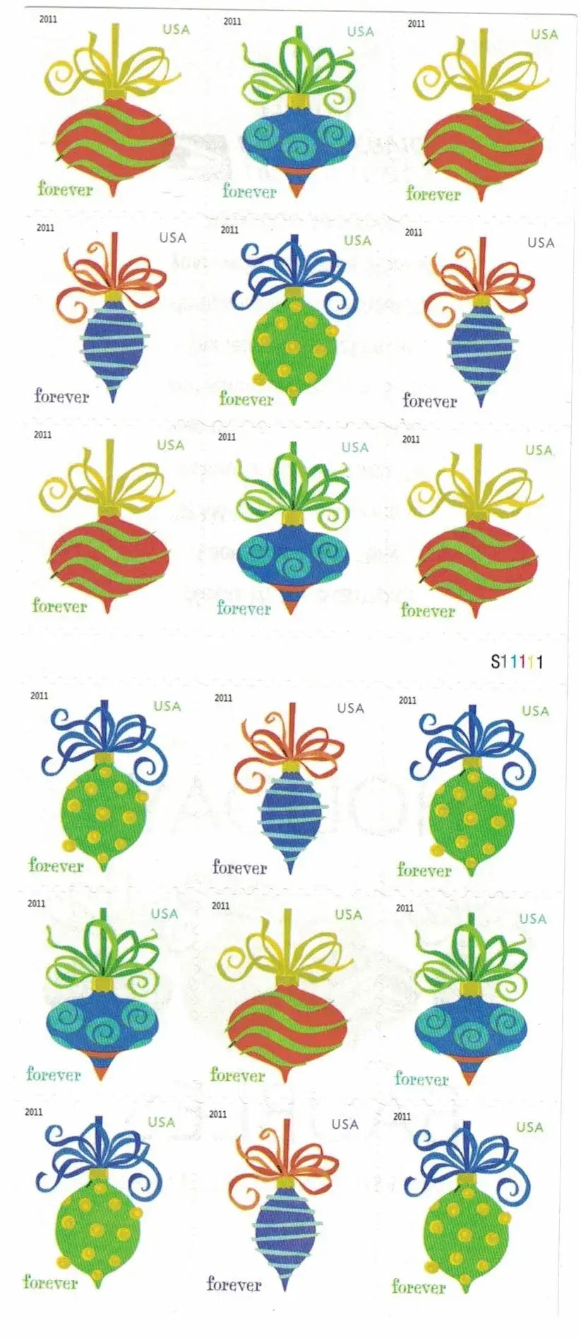 2011 US Holiday Baubles Forever Stamps Booklet of 20 1set=5Sheets  Was $73.00/set
