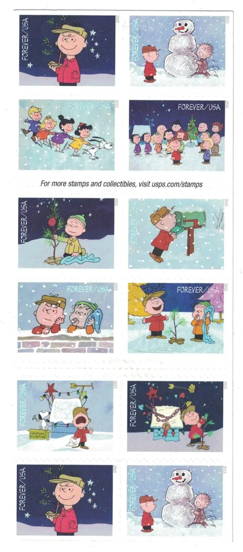 2015 USPS Charlie Brown Xmas Pane of 20 Forever Postage Stamps 1set=5Sheets  Was $73.00/set