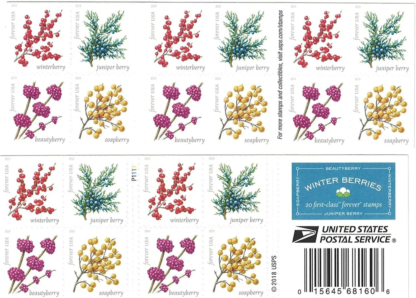 2019 USPS Winter Berries First Class Forever Postage Stamps，Sheet of 16  1set=5Sheets  Was $73.00/set