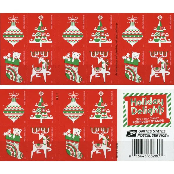 2020 USPS Holiday Delights Forever Stamps 1set=5Sheets  Was $73.00/set