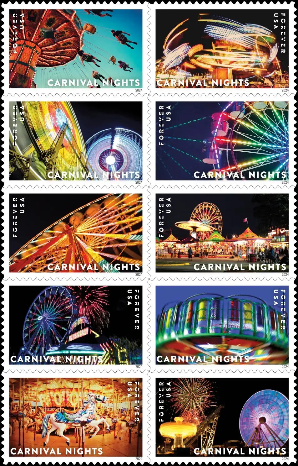 2024 us forever stamps-Carnival Nights 1set=5Sheets  Was $73.00/set